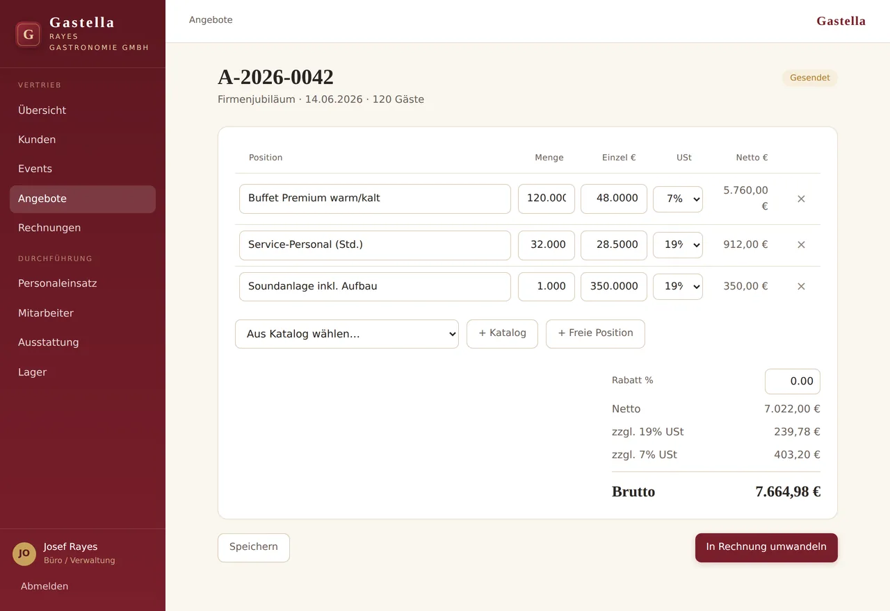 Quote form with items from the catalogue, VAT shown separately and a running total