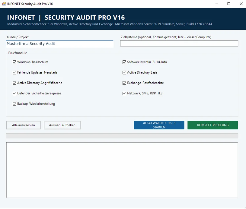 Startfenster von Security Audit Pro: Auswahl der Prüfmodule und Eingabe der Zielsysteme.