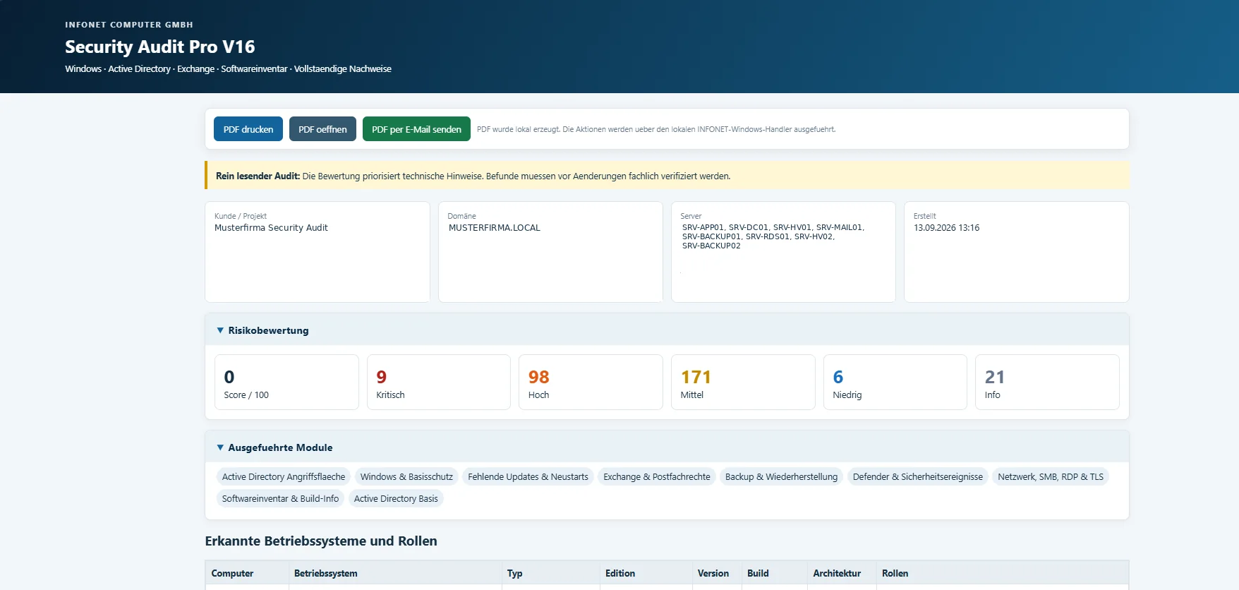 Fertiger Audit-Bericht als PDF, wahlweise direkt per E-Mail versendbar.