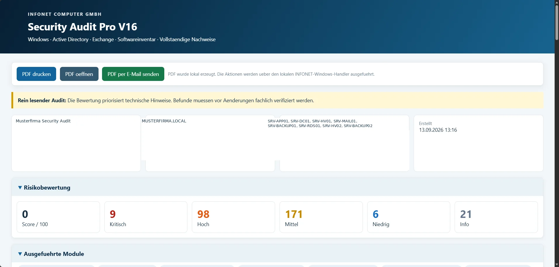 Befundliste nach Risikostufe sortiert – kritisch, hoch, mittel und niedrig, jeweils mit Modul und Prüfpunkt.