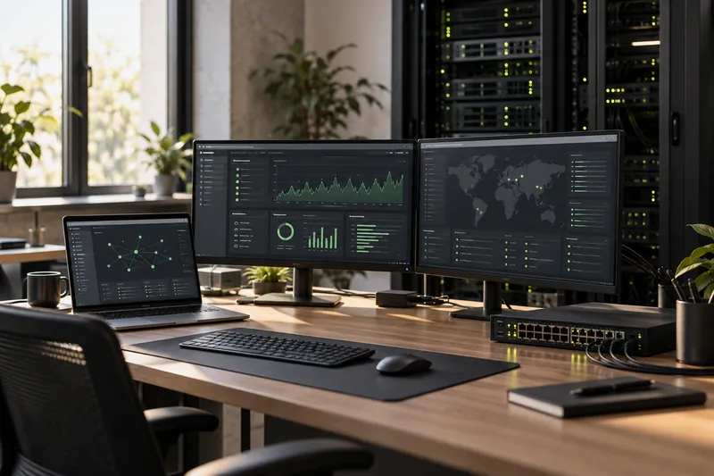 Symbolbild: IT-Arbeitsplatz mit Monitoring-Anzeigen und Servertechnik.