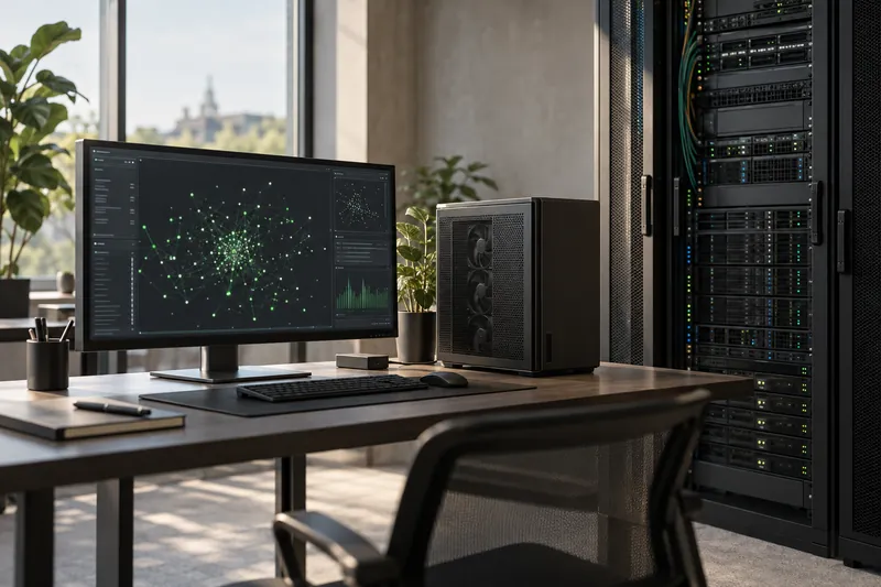 Symbolbild: KI-Rechner und Servertechnik mit einer abstrakten Netzwerkdarstellung.