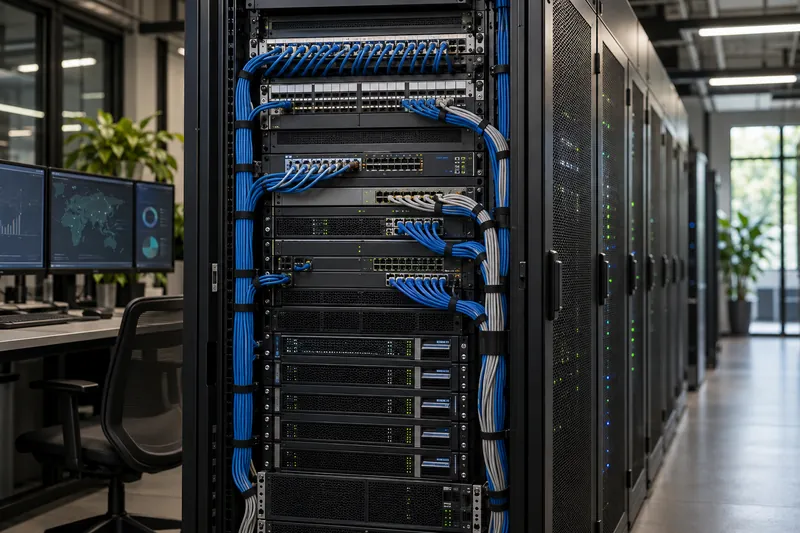 Symbolbild: Serverschrank mit Patchpanel und geordneten Netzwerkkabeln.