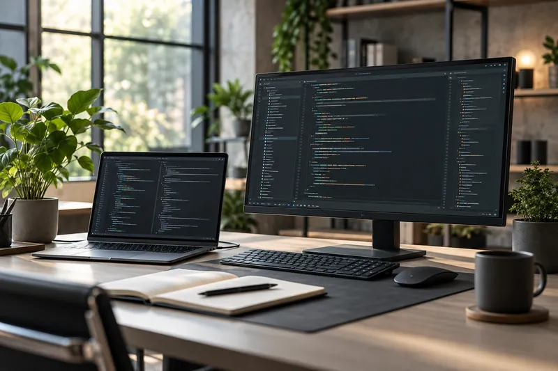 Symbolbild: Entwicklungsarbeitsplatz mit Laptop und Code-Editor auf einem Bildschirm.