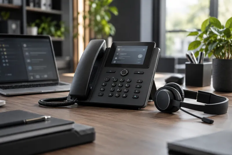 Symbolbild: VoIP-Tischtelefon und Headset an einem Büroarbeitsplatz.