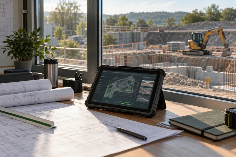 Symbolbild: Baustellen-Tablet und Pläne mit einer Tiefbaustelle im Hintergrund.