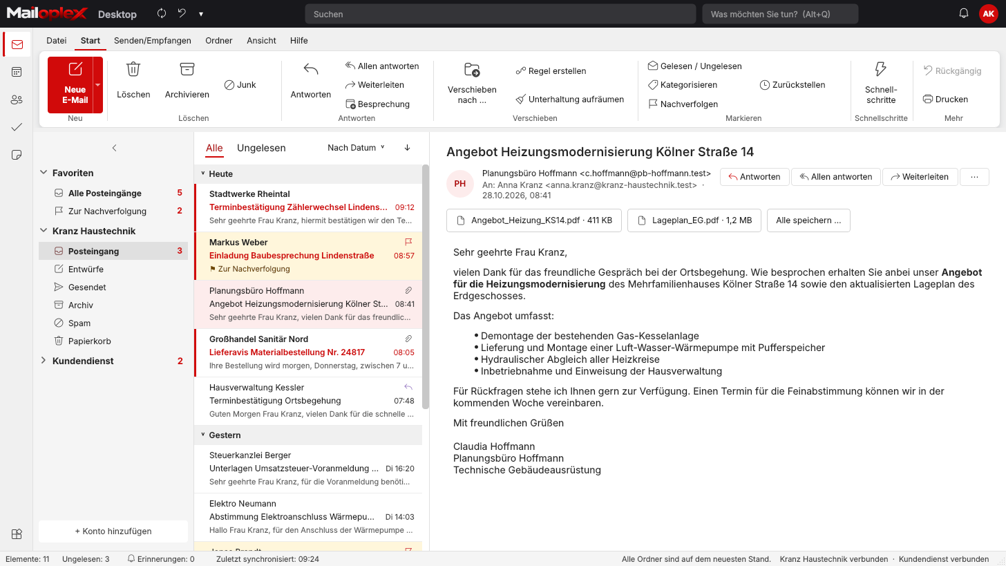 Mailoplex Desktop: Posteingang mit Menüband und Lesebereich