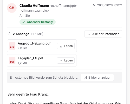 E-Mail mit Anhängen oben, Schaltfläche Alle herunterladen und blockiertem externen Bild