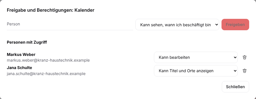 Dialog zum Freigeben eines Kalenders mit Berechtigungsstufen