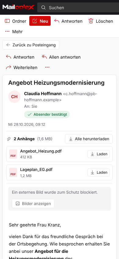 Geöffnete E-Mail auf dem Smartphone mit Antworten-Schaltflächen