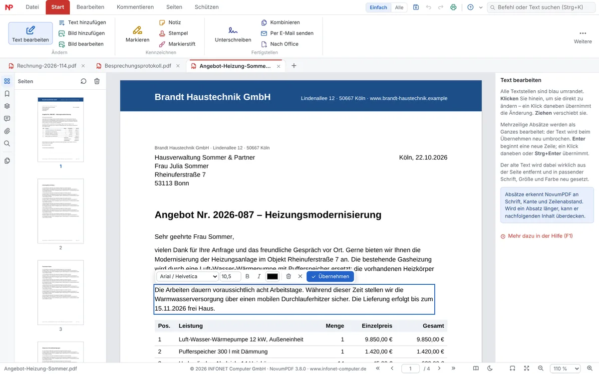 Ein Absatz im Angebot ist zur Bearbeitung ausgewählt; darüber eine Leiste mit Schriftart, Größe, Fett, Kursiv, Farbe und Übernehmen