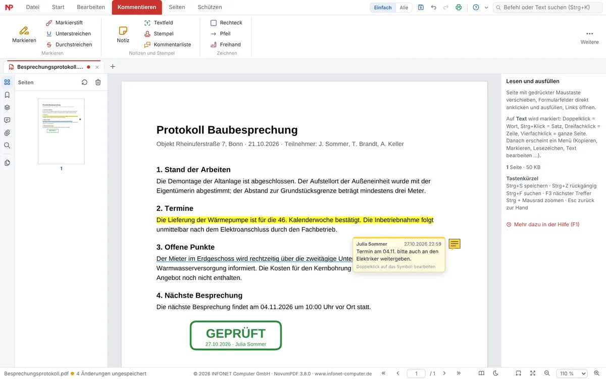 Besprechungsprotokoll mit gelb markiertem Satz, unterstrichener Zeile, aufgeklappter Notiz und grünem Stempel GEPRÜFT