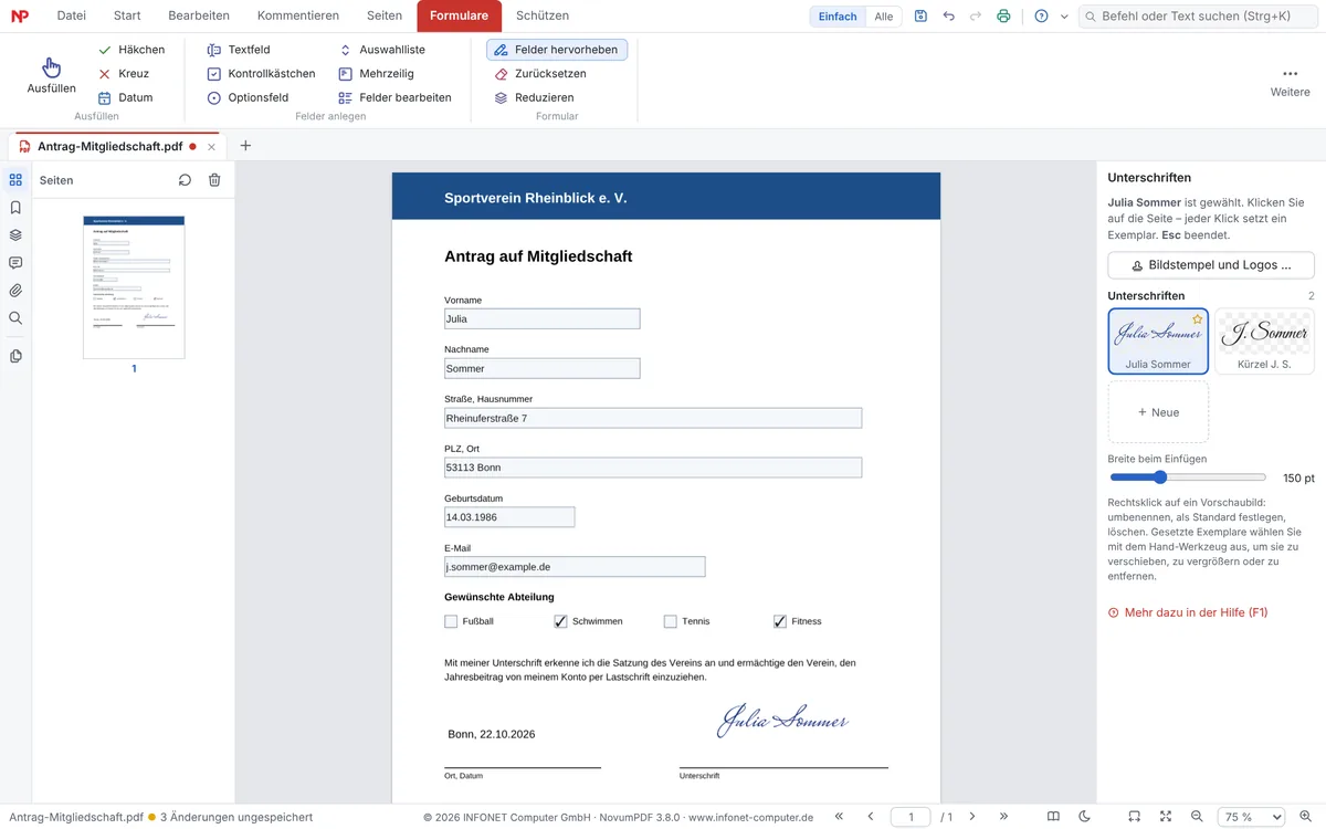 Ausgefüllter Mitgliedsantrag mit Name, Adresse, angekreuzten Abteilungen, Ort und Datum sowie eingefügter Unterschrift; rechts die Sammlung gespeicherter Unterschriften