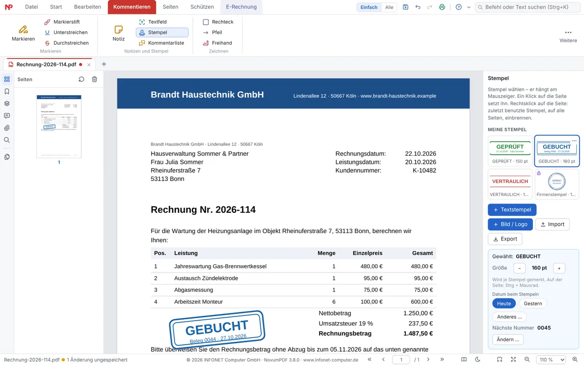 Rechnung mit blauem Stempel GEBUCHT und Belegnummer; rechts die Liste Meine Stempel mit GEPRÜFT, GEBUCHT, VERTRAULICH und einem runden Firmenstempel