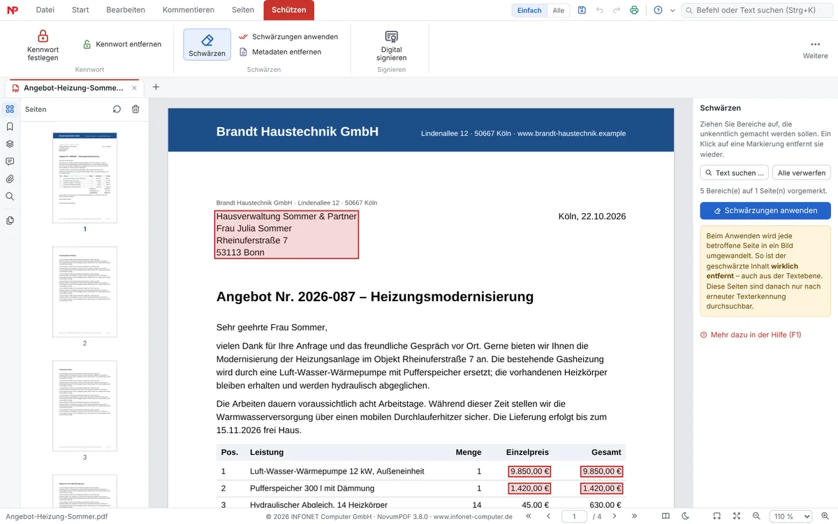 Angebot mit rot umrandeten Bereichen über der Kundenanschrift und mehreren Preisen; rechts der Knopf Schwärzungen anwenden