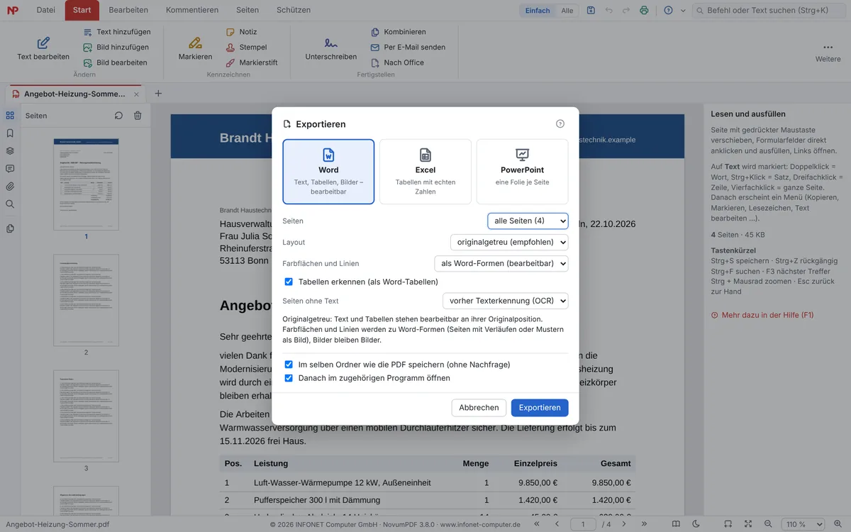 Dialog Exportieren mit Auswahl Word, Excel oder PowerPoint sowie Optionen für Seiten, Layout, Farbflächen und Tabellen