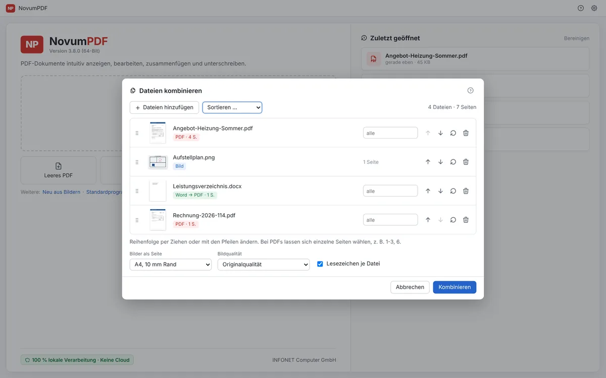 Dialog Dateien kombinieren mit vier Dateien: Angebot als PDF, Aufstellplan als Bild, Leistungsverzeichnis als Word-Datei und Rechnung als PDF