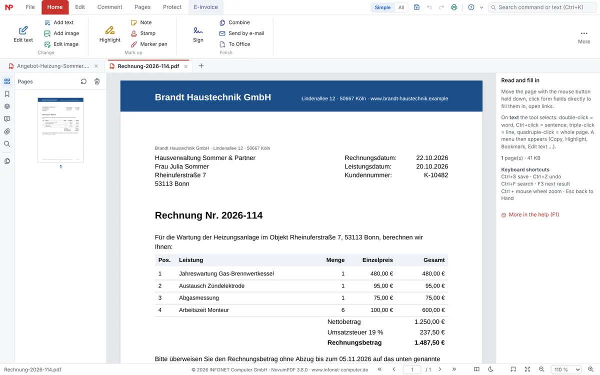 NovumPDF mit englischer Oberfläche