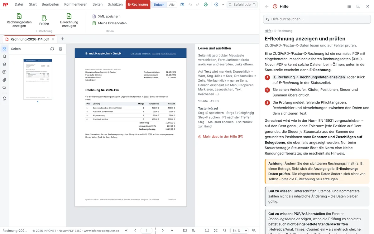 Rechnung geöffnet, rechts angedockt die Hilfe mit dem Thema E-Rechnung anzeigen und prüfen