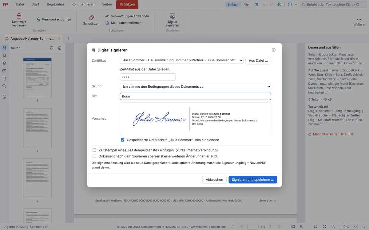 Dialog Digital signieren mit Zertifikat von Julia Sommer aus einer Zertifikatsdatei, Grund, Ort Bonn und Vorschau mit Unterschrift und Signaturangaben