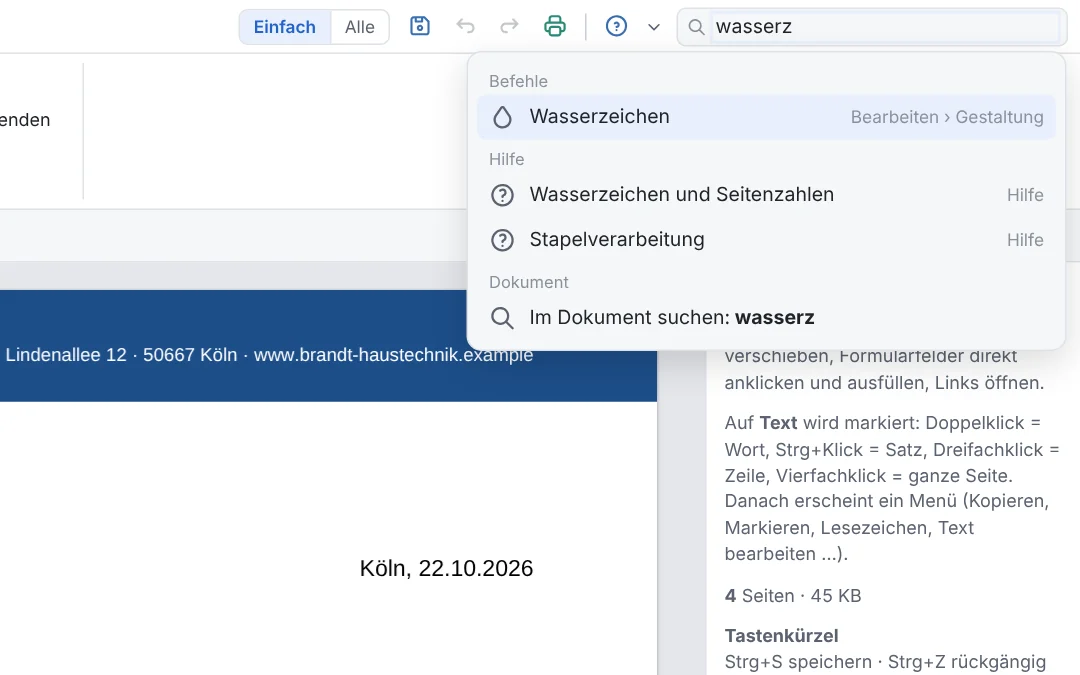 NovumPDF mit geöffneter Befehlssuche: Eingabe „wasserz“ findet den Befehl Wasserzeichen mit Ort im Menüband, zwei Hilfethemen und die Suche im Dokument