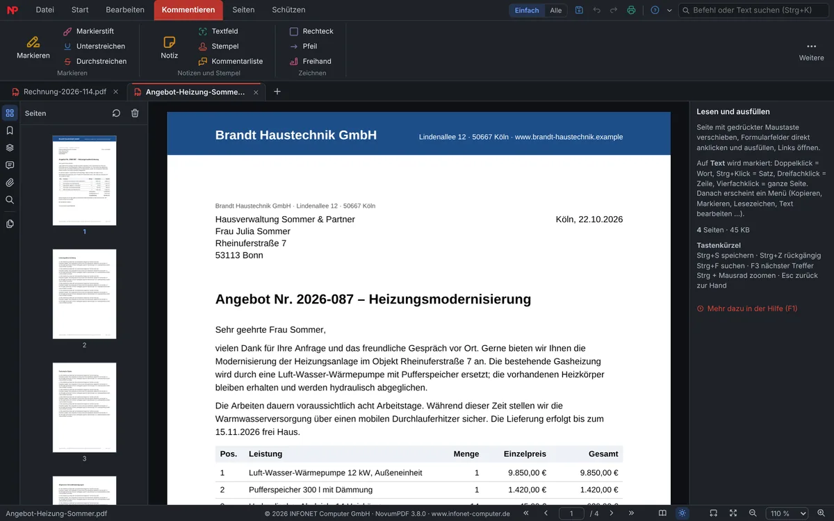 NovumPDF im Dunkelmodus: dunkles Menüband und dunkle Leisten, die PDF-Seite bleibt weiß