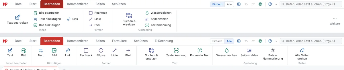 Vergleich des Menübands im Reiter Bearbeiten: oben die einfache Ansicht mit wenigen großen und kleinen Knöpfen und „Weitere“, unten die Ansicht „Alle“ mit allen Knöpfen